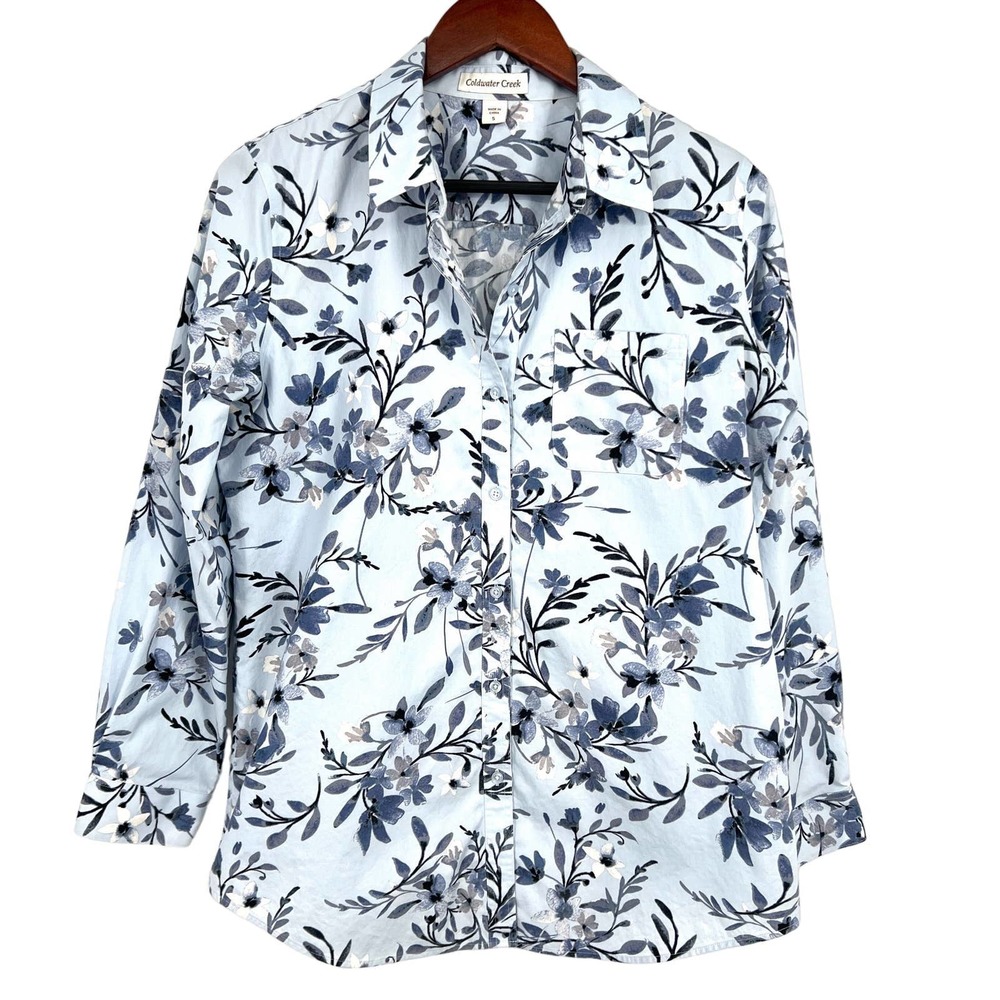 Coldwater Creek Womens Size Small Powder Blue Floral Button Blouse Shirt Top